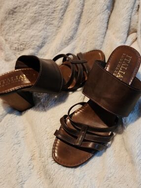 Italian Brown Leather Slide Sandals - Women Size 8 NWOB